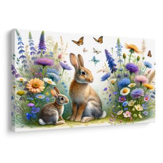 OBRAZ KRÁLÍČCI V JARNÍ KVĚTINOVÉ LOUCE - DĚTSKÉ OBRAZY ZVÍŘÁTKA - OBRAZY