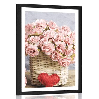 AFFICHE AVEC MONTURE BOUQUET D'OEILLETS ROSES DANS UN PANIER - VÁZY - AFFICHES