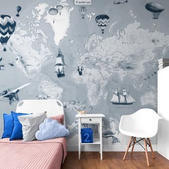 SAMOLEPÍCÍ TAPETA ŠEDO-MODRÁ KRESLENÁ MAPA S PLAVIDLY - SAMOLEPÍCÍ TAPETY - TAPETY
