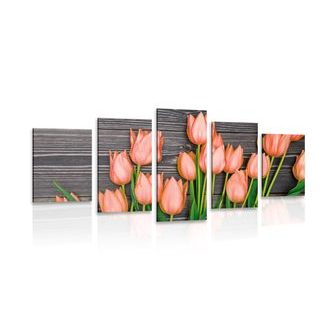 5-PIECE CANVAS PRINT CHARMING ORANGE TULIPS ON A WOODEN BACKGROUND - PICTURES FLOWERS - PICTURES
