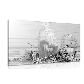 CANVAS PRINT VINTAGE HEART AND LANTERNS IN BLACK AND WHITE - BLACK AND WHITE PICTURES - PICTURES