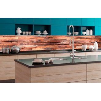 Self adhesive photo wallpaper for kitchen imitation of wooden paneling