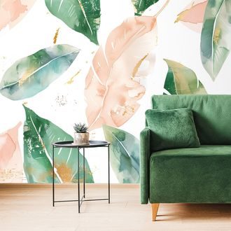 TAPETE AQUARELL-BLÄTTER IN PFIRSICH-GRÜN - TAPETEN BLÄTTER - TAPETEN