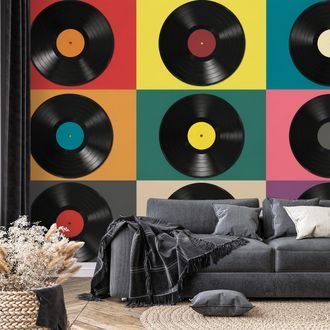 FOTOTAPETE RETRO-VINYLPLATTEN AUF BUNTEM HINTERGRUND - MUSIK FOTOTAPETEN - TAPETEN