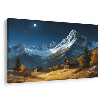 OBRAZ ZIMNÍ HORSKÁ CHALUPA V NOCI - BAREVNÉ DOMY - OBRAZY