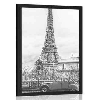 Poster view of the Eiffel Tower from a street of Paris in black and white