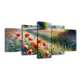 5-DÍLNÝ OBRAZ ČERVENÉ MÁKY V MOŘI LUČNÍCH KVĚTIN - OBRAZY POLE A LOUKY - OBRAZY