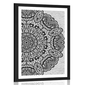 POSTER WITH MOUNT FLORAL MANDALA IN BLACK AND WHITE - BLACK AND WHITE - POSTERS