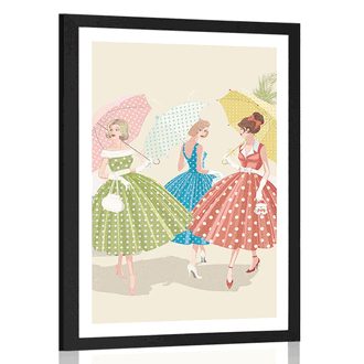 PLAKÁT S PASPARTOU RETRO DÁMY S DEŠTNÍKY - VINTAGE A RETRO - PLAKÁTY