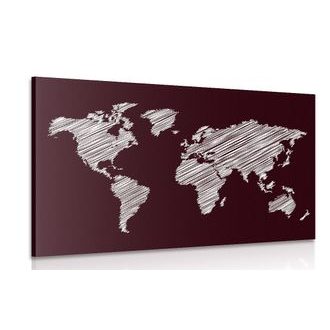 OBRAZ ŠRAFOVÁNA MAPA SVĚTA NA BORDOVÉM POZADÍ - OBRAZY MAPY - OBRAZY