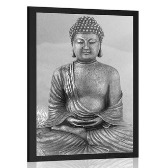 POSTER BUDDHA STATUE IN A MEDITATING POSITION IN BLACK AND WHITE - FENG SHUI - POSTERS