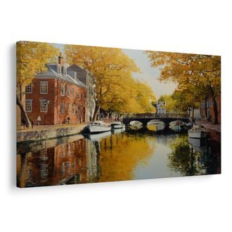 OBRAZ PODZIMNÍ KANÁL U MOSTU - BAREVNÉ DOMY - OBRAZY