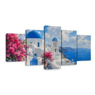 TABLEAU EN 5 PARTIES – MAISONS BLANCHES DE SANTORIN AU BORD DE LA MER - TABLEAUX DE LA MER ET DE LA PLAGE - TABLEAUX