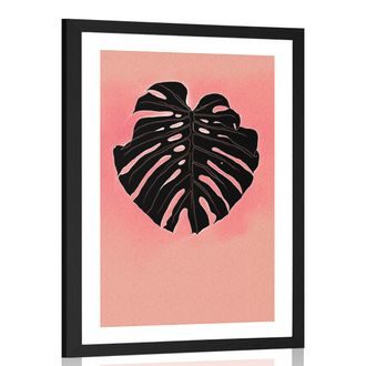 POSTER MIT PASSEPARTOUT SCHWARZES MONSTERA-BLATT - MOTIVE AUS UNSERER WERKSTATT - POSTER