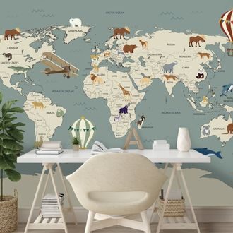 TAPETA ILUSTROVANÁ MAPA SVĚTA SE ZVÍŘATY - DĚTSKÉ TAPETY - TAPETY