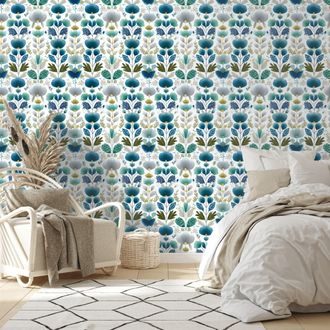 TAPETA MODRÉ KVĚTY NA BÍLÉM POZADÍ - VZOROVANÉ TAPETY - TAPETY