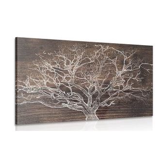 QUADRO DI UNA CHIOMA DI UN ALBERO SU SFONDO IN LEGNO - QUADRI ALBERI E FOGLIE - QUADRI