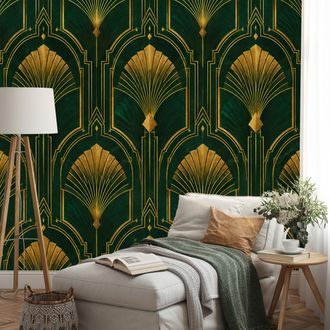 FOTÓTAPÉTA ARANY ART DECO LEGYEZŐK ZÖLD ALAPON - MINTÁS TAPÉTÁK - TAPÉTÁK