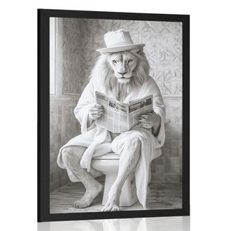 POSZTER FEHÉR OROSZLÁN ÚJSÁGGAL A WC-N. - TIGRIST, OROSZLÁNT ÁBRÁZOLÓ POSZTEREK - POSZTEREK