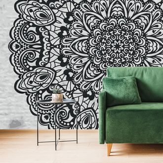 SAMOLEPÍCÍ TAPETA KVĚTINOVÁ MANDALA V ČERNOBÍLÉM - SAMOLEPÍCÍ TAPETY - TAPETY