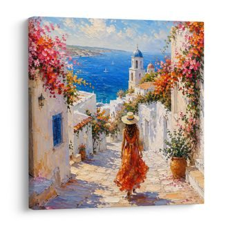TABLEAU SUR TOILE – VILLAGE MÉDITERRANÉEN EN FLEURS - TABLEAUX DE LA MER ET DE LA PLAGE - TABLEAUX