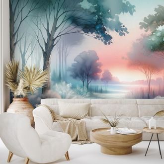 TAPETA PASTELOVÁ LESNÍ KRAJINA PŘI ZÁPADU SLUNCE - TAPETY LES - TAPETY