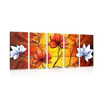 5-PIECE CANVAS PRINT FLOWERS IN ETHNO STYLE - PICTURES FLOWERS - PICTURES