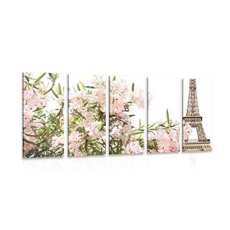 5-dílný obraz Eiffelova věž a růžové květy