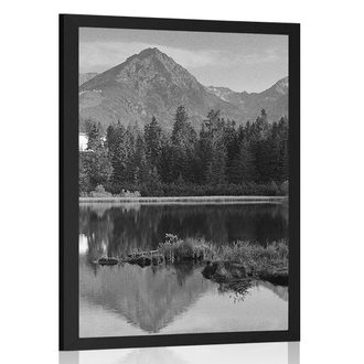 POSTER BEAUTIFUL PANORAMA OF THE MOUNTAINS BY THE LAKE IN BLACK AND WHITE - BLACK AND WHITE - POSTERS