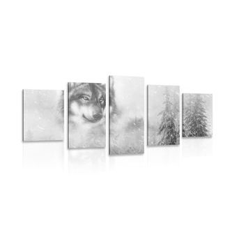 5 part picture wolf in a snowy landscape in black & white