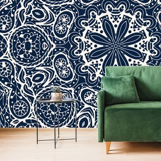 TAPETE WEISSES MANDALA AUF BLAUEM HINTERGRUND - TAPETEN MIT FENG SHUI-MOTIVEN - TAPETEN