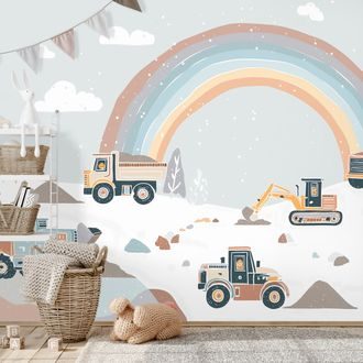 SAMOLEPÍCÍ FOTOTAPETA STROJE A DUHOVÁ KRAJINA - CHILDRENS WALLPAPERS - WALLPAPERS