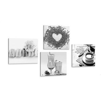 SET OBRAZŮ NÁPOJE SE SLADKÝM POTĚŠENÍM V ČERNOBÍLÉM PROVEDENÍ - SESTAVY OBRAZŮ - OBRAZY