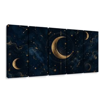 TABLEAU EN 5 PARTIES – LUNE DORÉE PARMI LES CONSTELLATIONS - TABLEAUX MOIS - TABLEAUX