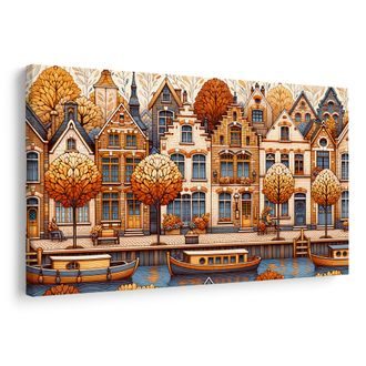 WANDBILD HERBSTLICHE GASSE MIT BOOTEN AM KANAL - BILDER VON STÄDTEN - BILDER