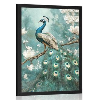 POSTER PFAU UMGEBEN VON WEISSEN BLUMEN - VÖGEL - POSTER