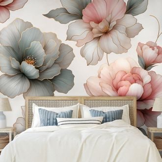 FOTOTAPETA ELEGANTNÍ PASTELOVÉ KVĚTY S LISTY - TAPETY KVĚTINY - TAPETY