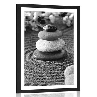 POSTER WITH MOUNT PYRAMID OF ZEN STONES IN BLACK AND WHITE - BLACK AND WHITE - POSTERS