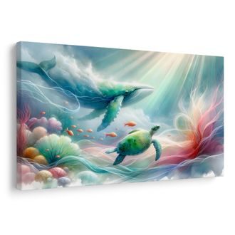 TABLEAU SUR TOILE – BALEINE ET TORTUE DE MER - TABLEAUX D'ANIMAUX POUR ENFANTS - TABLEAUX