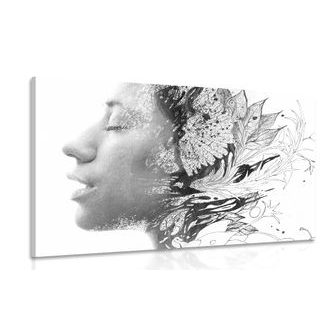 IMPRESSION SUR TOILE FEMME AVEC DES FLEURS PEINTES EN NOIR ET BLANC - IMPRESSIONS SUR TOILE NOIR ET BLANC - IMPRESSION SUR TOILE