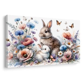 OBRAZ KRÁLÍČCI V ROZKVETLÉ JARNÍ ZAHRADĚ - DĚTSKÉ OBRAZY ZVÍŘÁTKA - OBRAZY