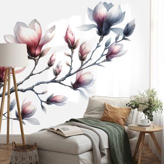 PAPIER PEINT PANORAMIQUE – MAGNOLIAS DÉLICATS SUR FOND BLANC - PAPIERS PEINTS MAGNOLIA - PAPIERS PEINTS PANORAMIQUES
