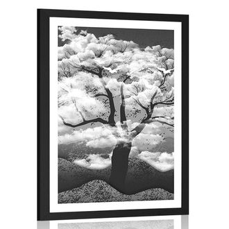 POSTER WITH MOUNT BLACK AND WHITE TREE COVERED IN CLOUDS - BLACK AND WHITE - POSTERS