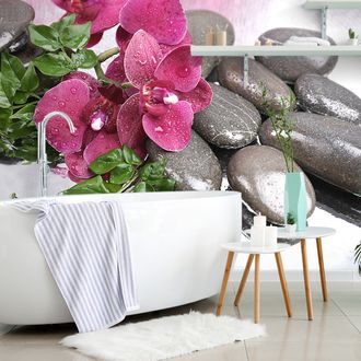 PAPIER PEINT PANORAMIQUE – ORCHIDÉE FLEURIE ET PIERRES DE BIEN-ÊTRE - PAPIERS PEINTS FENG SHUI - PAPIERS PEINTS PANORAMIQUES