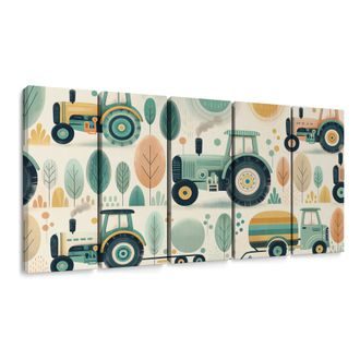 5-DÍLNÝ OBRAZ BAREVNÉ TRAKTORY V LESE - DĚTSKÉ OBRAZY DOPRAVNÍ PROSTŘEDKY - OBRAZY