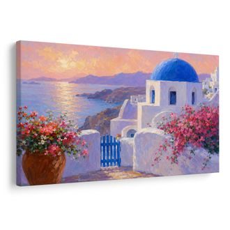 TABLEAU SUR TOILE – CÔTE DE SANTORIN AU COUCHER DU SOLEIL - TABLEAUX DE LA MER ET DE LA PLAGE - TABLEAUX