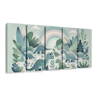 5-DÍLNÝ OBRAZ DINO SVĚT S DUHOU A ZELENOU DŽUNGLÍ - DĚTSKÉ OBRAZY ZVÍŘÁTKA - OBRAZY
