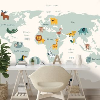 SAMOLEPÍCÍ VZDĚLÁVACÍ TAPETA DĚTSKÁ MAPA SVĚTA SE ZVÍŘATY - DĚTSKÉ TAPETY - TAPETY