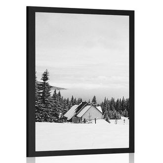 POSTER COTTAGE IN SNOWY NATURE IN BLACK AND WHITE - BLACK AND WHITE - POSTERS