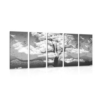 5-DÍLNÝ OBRAZ ČERNOBÍLÝ STROM ZALITÝ OBLAKY - ČERNOBÍLÉ OBRAZY - OBRAZY